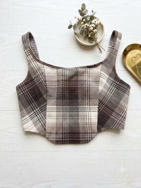 Plaid Cropped Tank Top in Brown, Purple and Cream